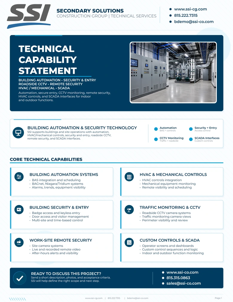 Front page preview of the SSI technical services capability statement